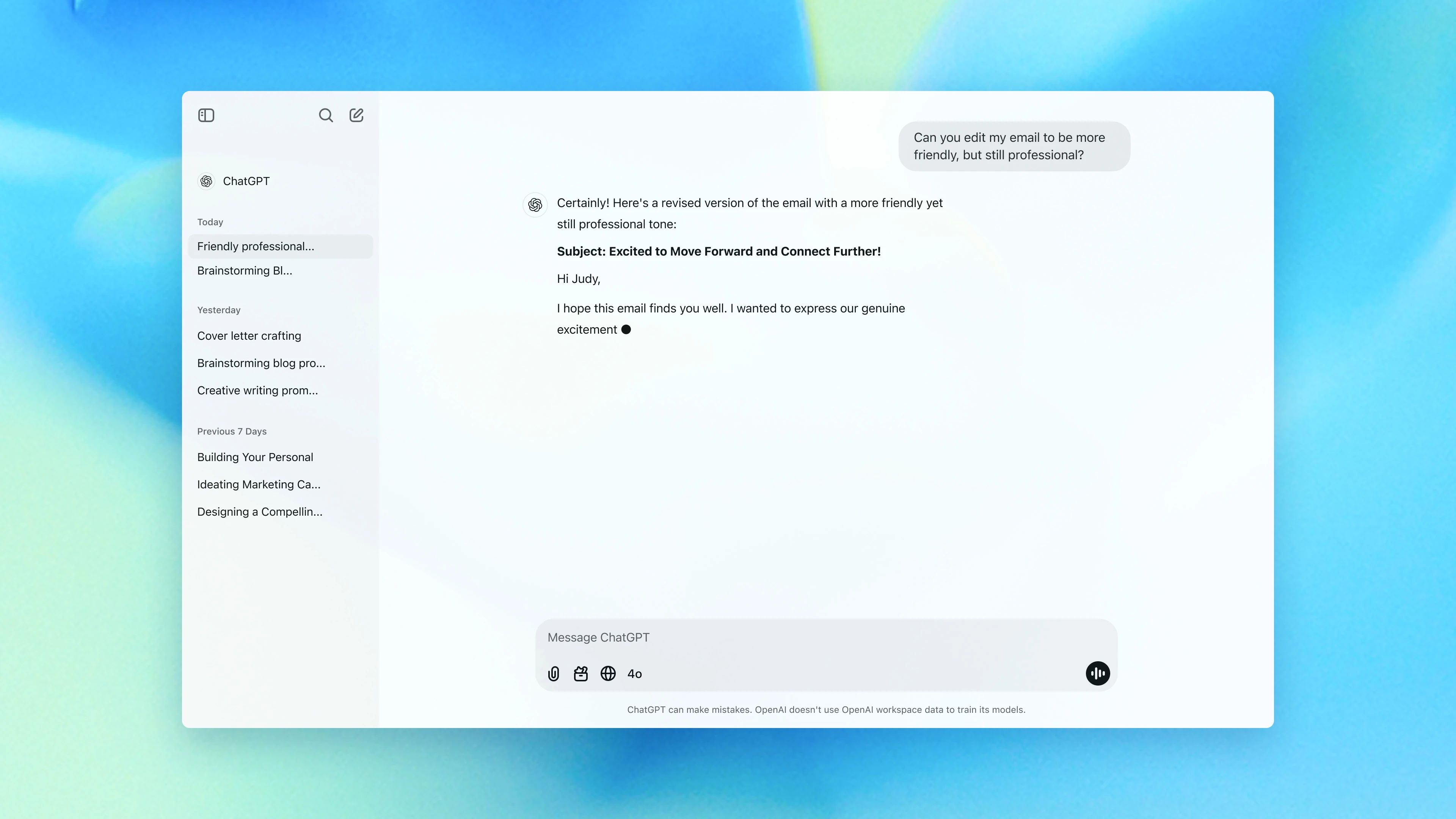 A conversation between a user and Strata on an interface about rewriting an email to appear friendly and professional.